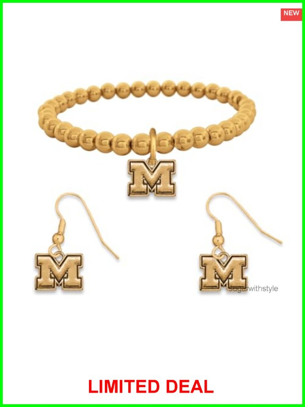 Gold Tone NCAA Michigan Wolverines Bracelet and Earrings Jewelry Set